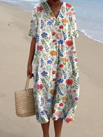 Women's Vintage Floral Art Print Casual Flowy Linen Dress