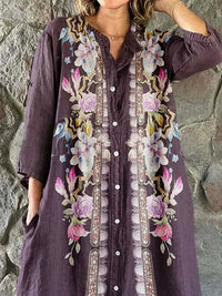 Women's Elegant Floral Print Simple Shirt Cotton Linen Dress