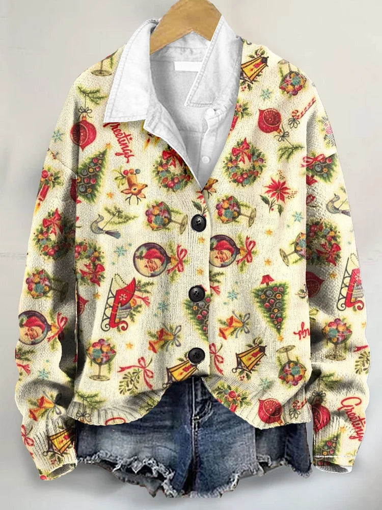 Vintage Christmas Art Print Buttoned V-neck Cardigan Sweater