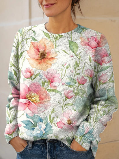 Women's Vintage Artistic Floral Print Knit Pullover Sweater
