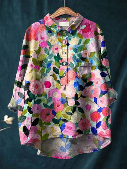 Colorful Spring Floral Garden Printed Women's Casual Linen Shirt