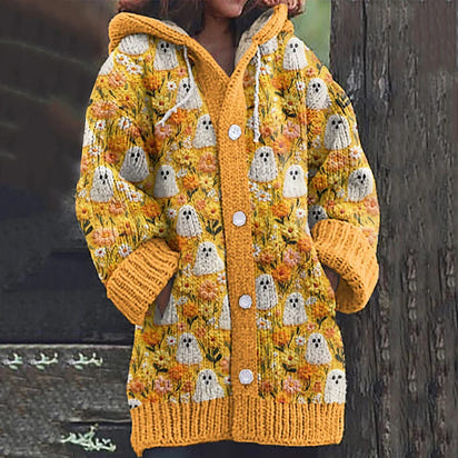 Vintage Floral Ghost Embroidered Knit Hooded Cardigan