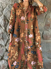 Women's Art Floral Pattern Cotton and Linen Dress with Pockets