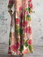 Women's Vintage Floral Art Pattern Printed Casual Cotton Dress