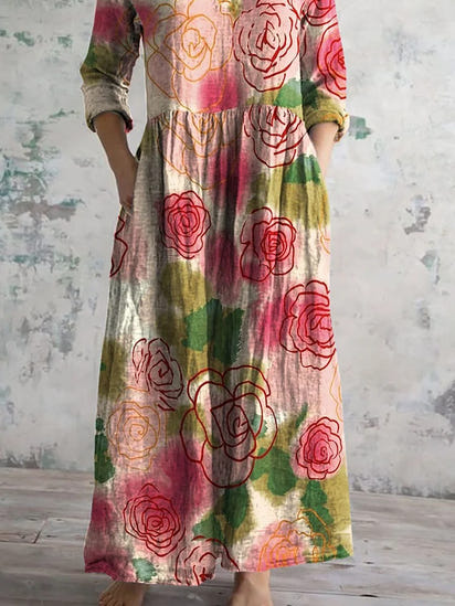 Women's Vintage Floral Art Pattern Printed Casual Cotton Dress