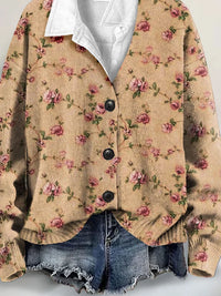 Vintage Foral Art Print Buttoned V-neck Cardigan Sweater