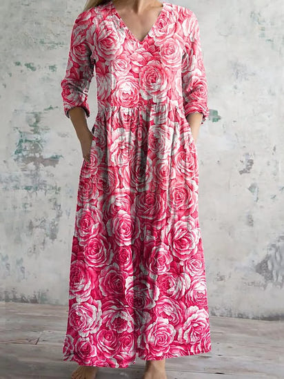Women's Vintage Floral Art Pattern Printed Casual Cotton Dress