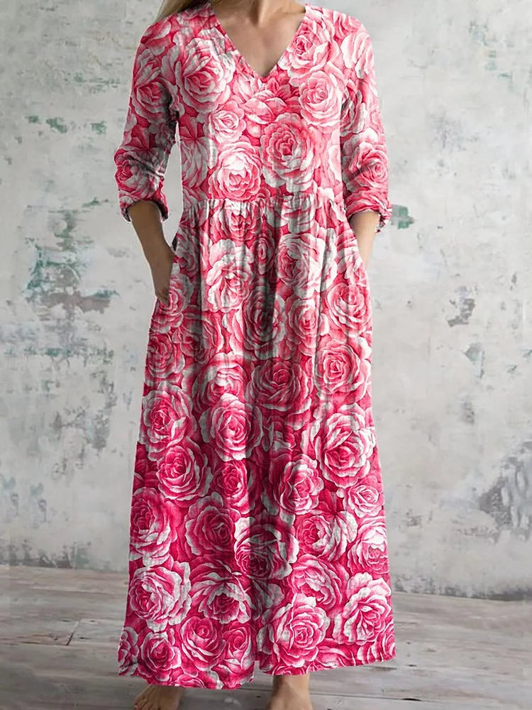 Women's Vintage Floral Art Pattern Printed Casual Cotton Dress