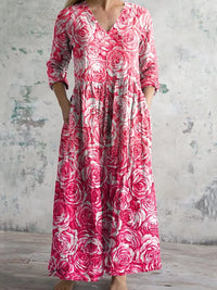 Women's Vintage Floral Art Pattern Printed Casual Cotton Dress