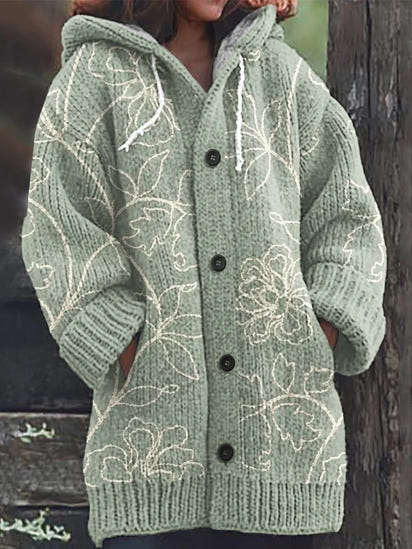 Vintage Flowers Print Knitted Hooded Cardigan