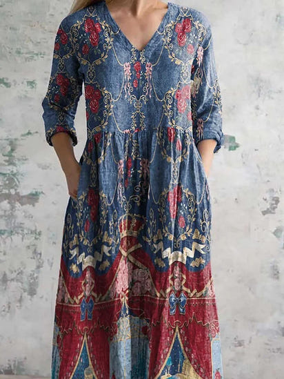 Women's V-Neck Elegant Art Floral Pattern Dress with Pockets