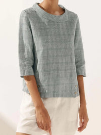 Women'S Linen Check Crew Neck Soft Lapel Top