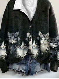 Cat Art Print Buttoned V-neck Cardigan Sweater