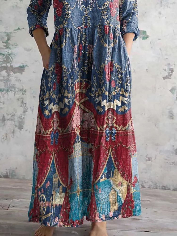 Women's V-Neck Elegant Art Floral Pattern Dress with Pockets