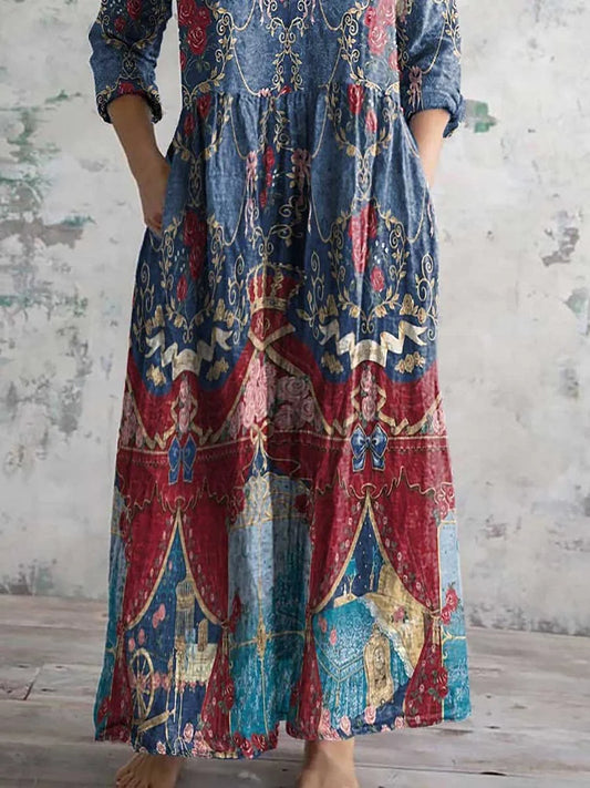 Women's V-Neck Elegant Art Floral Pattern Dress with Pockets