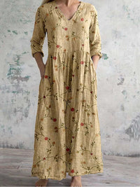 Women's V-neck Elegant Simple Floral Pattern Cotton And Linen Dress With Pockets