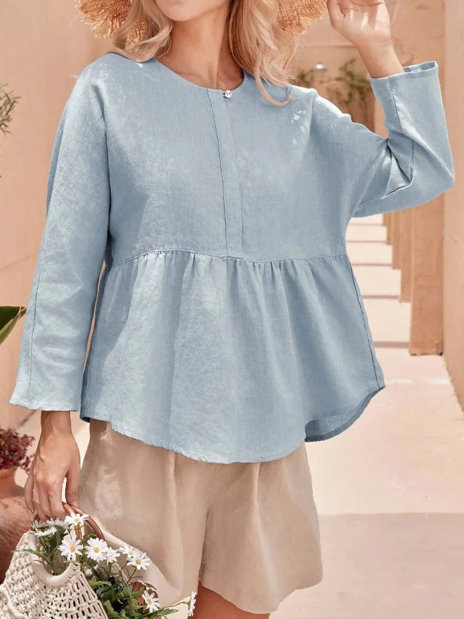 Women's Linen Crew Neck Casual Long Sleeve Top