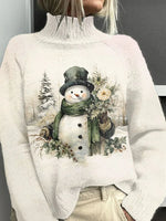 Women's Christmas Vintage Snowman in Winter Scenery Casual Turtleneck Knit Top