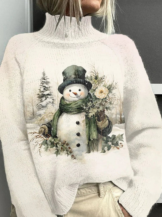 Women's Christmas Vintage Snowman in Winter Scenery Casual Turtleneck Knit Top