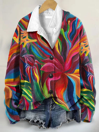 Colorful FLower Art Print Buttoned V-neck Cardigan Sweater
