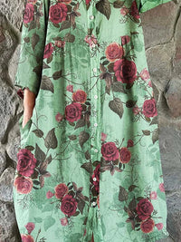 Women's Elegant Vintage Floral Print Shirt Style Cotton and Linen Dress