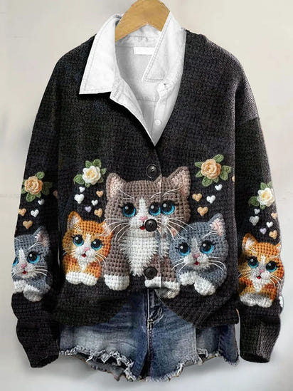 Cat Art Print Buttoned V-neck Cardigan Sweater