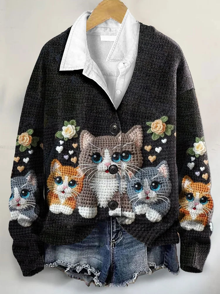 Cat Art Print Buttoned V-neck Cardigan Sweater