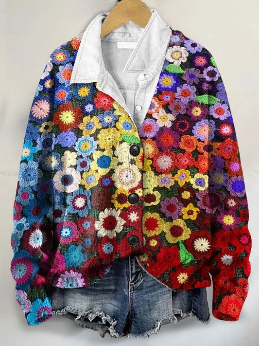 Colorful Floral Art Print Buttoned V-neck Cardigan Sweater