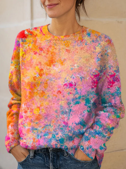 Vintage Colorful Art Print Knit Pullover Sweater