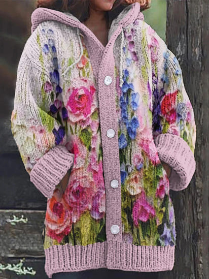 Floral Oil Painting Art Cozy Hooded Cardigan