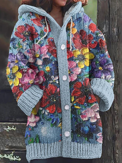 Floral Painting Art Cozy Hooded Cardigan