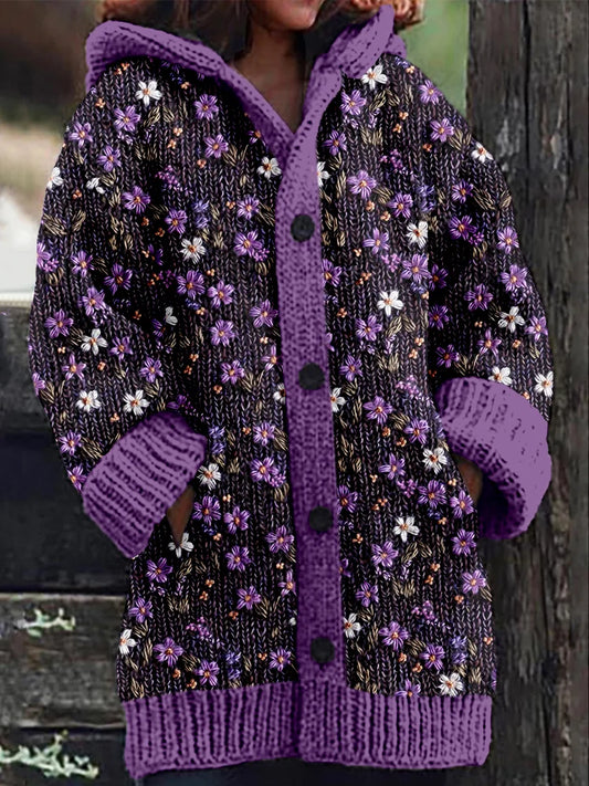 Cottagecore Floral Knitted Cozy Hooded Cardigan