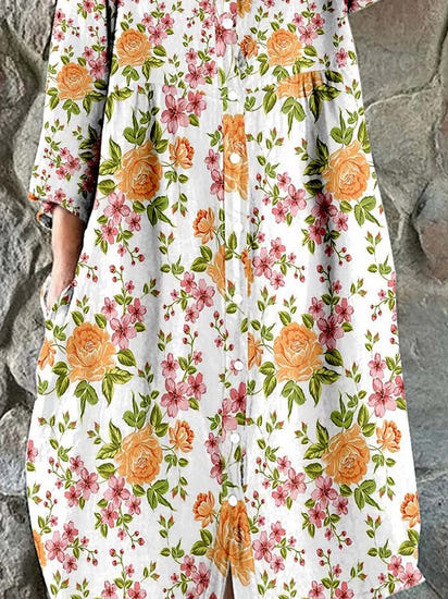 Women's Rose Flower Print Elegant Simple Shirt Cotton Linen Dress