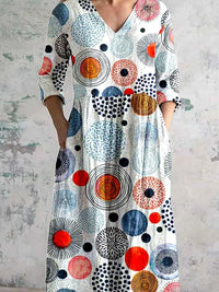 Women's V-neck Seaweed Pattern Resort Style Cotton And Linen Dress With Pockets