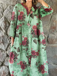 Women's Elegant Vintage Floral Print Shirt Style Cotton and Linen Dress