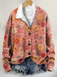 Vintage Floral Art Print Buttoned V-neck Cardigan Sweater