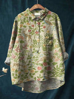 Women's Vintage Floral Animals Art Print Casual Linen Shirt
