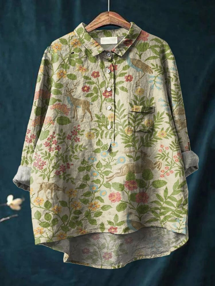 Women's Vintage Floral Animals Art Print Casual Linen Shirt