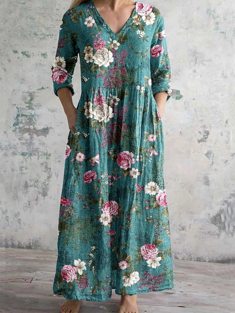 Women's Elegant Rose Floral Print V-Neck Cotton and Linen Dress with Pockets