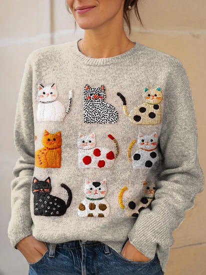 Women's Lovely Cats Art Print Knit Pullover Sweater