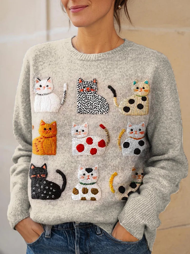 Women's Lovely Cats Art Print Knit Pullover Sweater