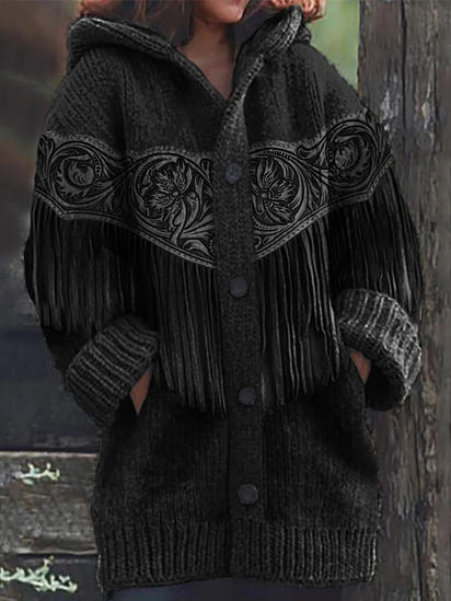 Western Tassels Floral Leather Art Cozy Hooded Cardigan
