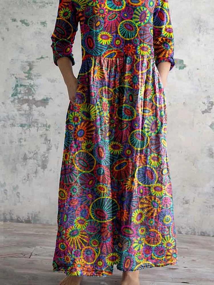 Women's Artistic Texture Geometric Pattern V-neck Cotton And Linen Dress