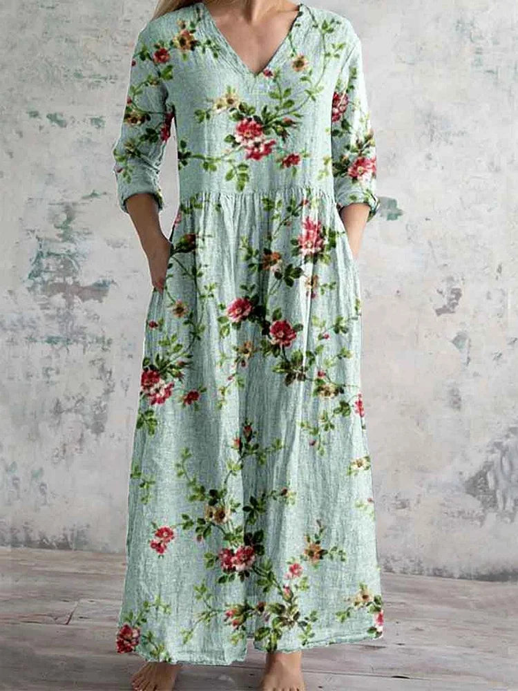 Women's Elegant Rose Floral Print V-Neck Cotton and Linen Dress with Pockets