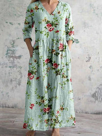 Women's Elegant Rose Floral Print V-Neck Cotton and Linen Dress with Pockets