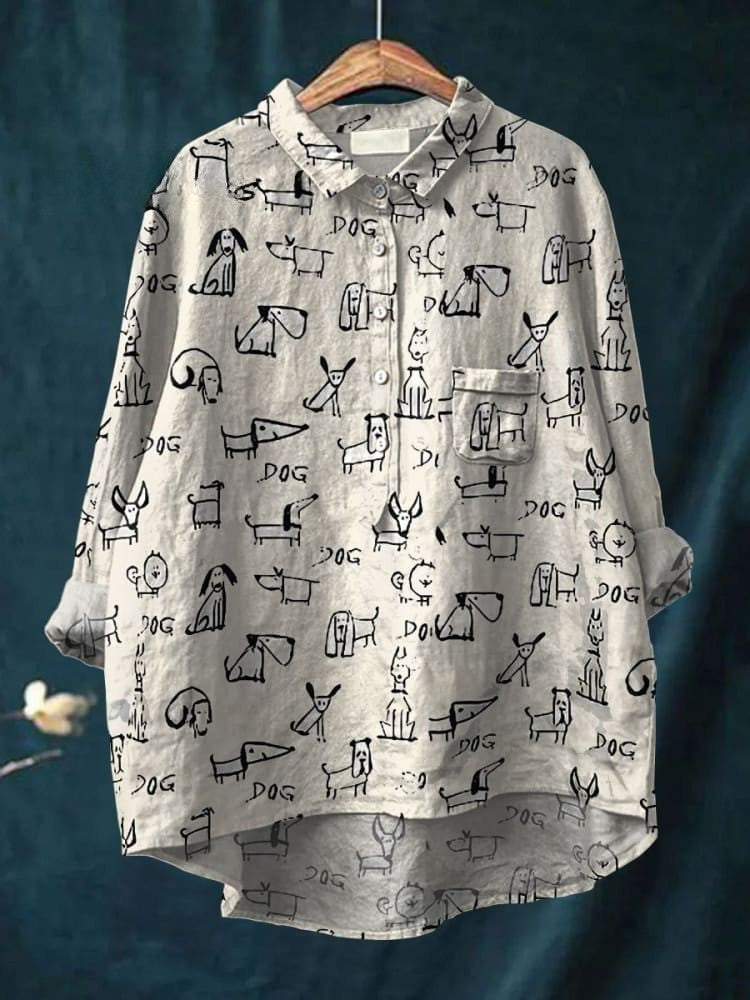 Women's Cute Dog Print Casual Linen  Shirt