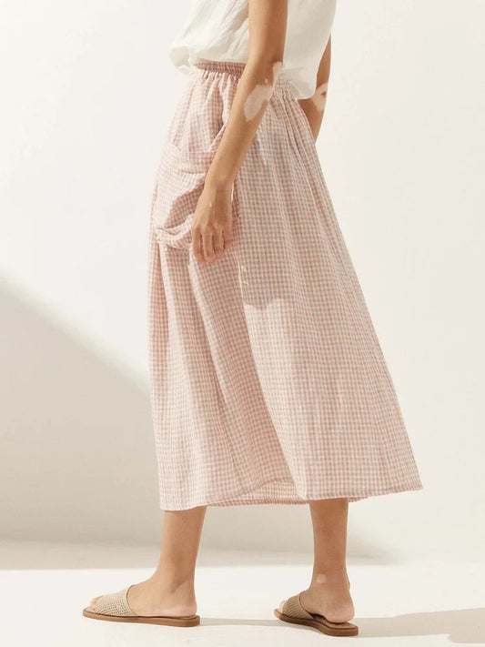 Women'S Linen Check Elastic Waist Skirt