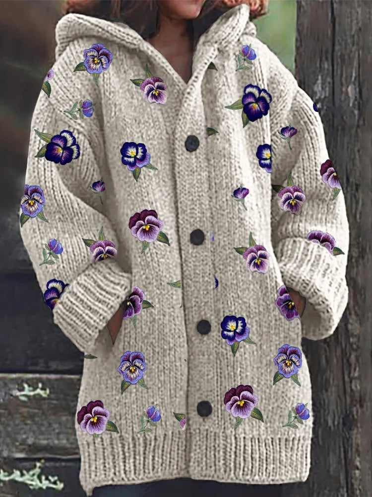 Pansy Floral Embroidery Pattern Cozy Hooded Cardigan
