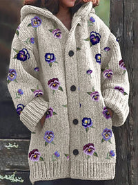 Pansy Floral Embroidery Pattern Cozy Hooded Cardigan