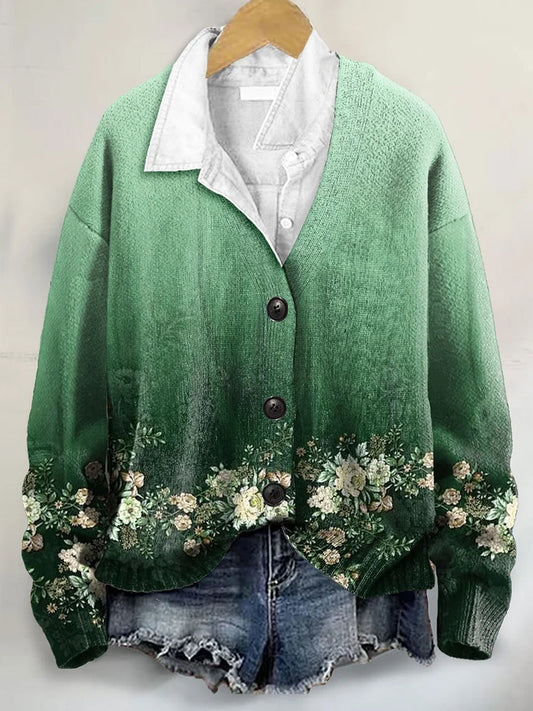 Vintage Floral Art Print Buttoned V-neck Cardigan Sweater